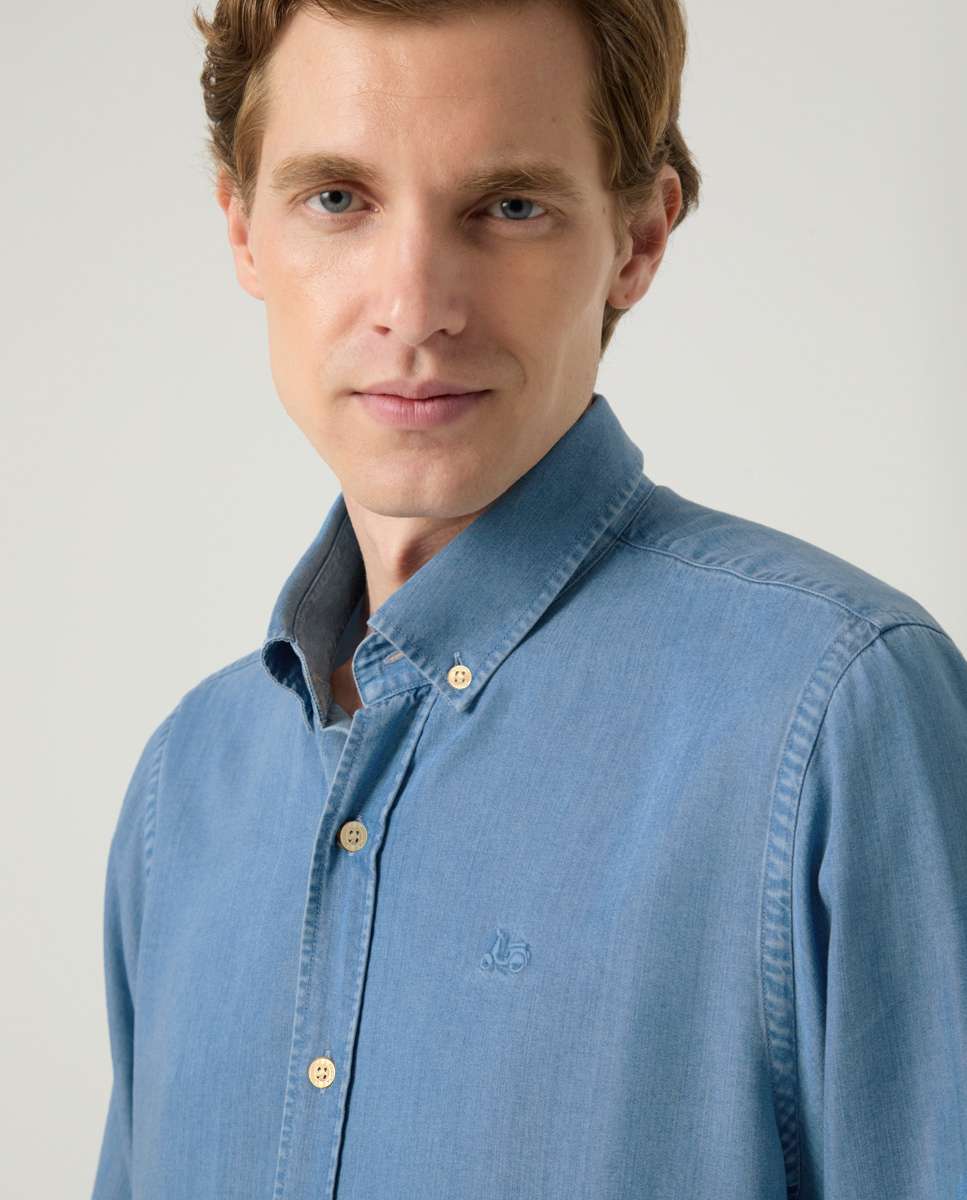 Camisa de Algodão com Corte Regular Lisa Azul denim-3