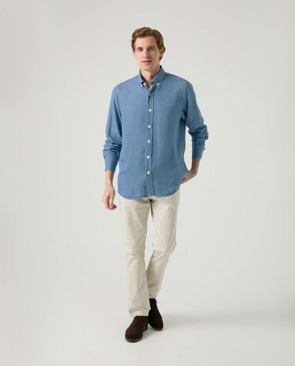 Camisa de Algodão com Corte Regular Lisa Azul denim-4