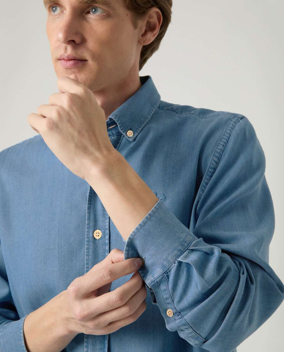 Camisa de Algodão com Corte Regular Lisa Azul denim-5