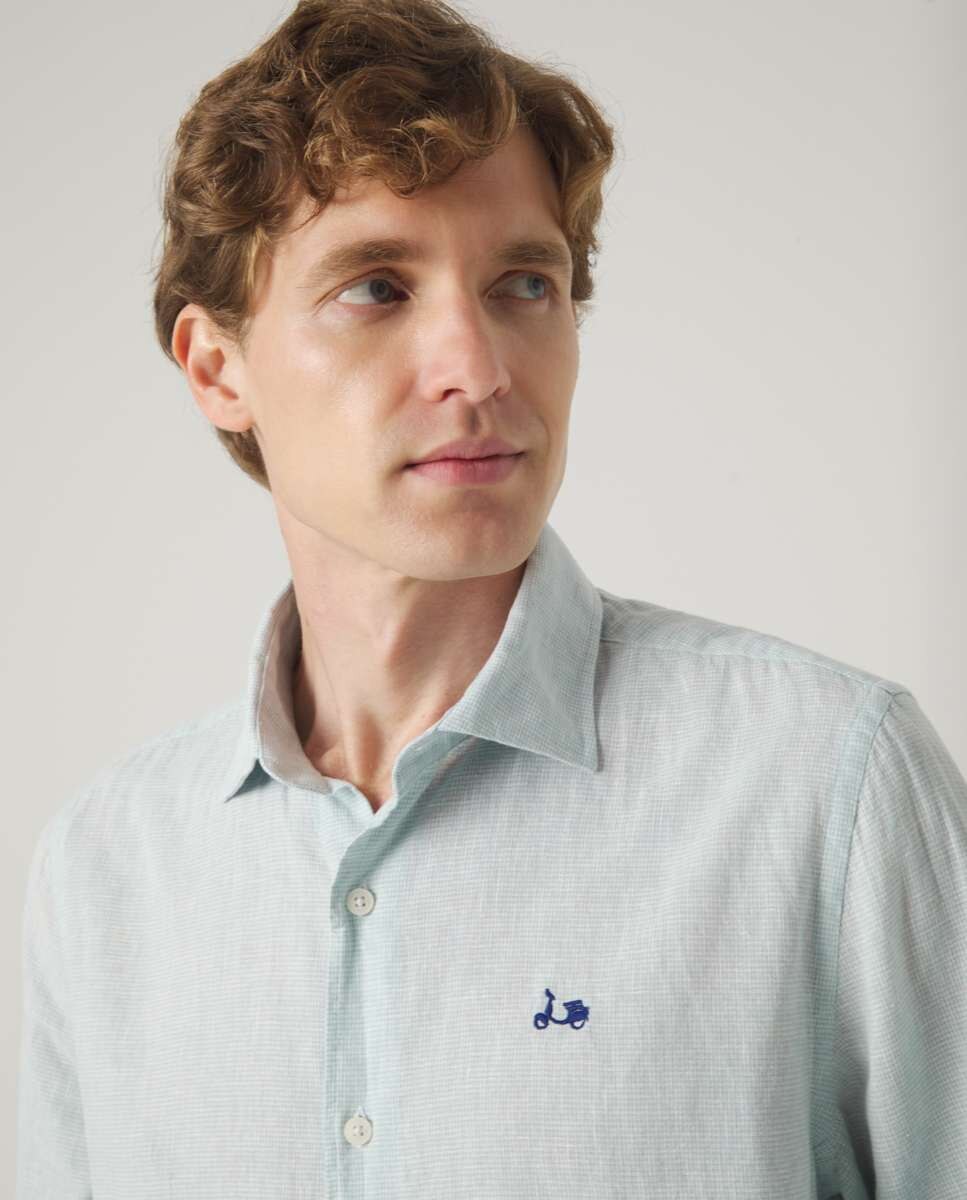 Camisa de Corte Regular Aos Quadrados em Verde Água Verde Água-3