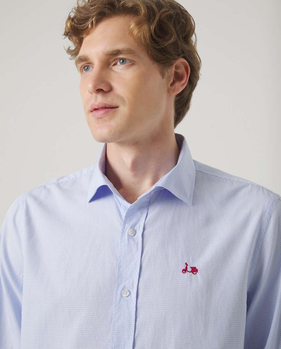 Camisa de Algodão com Corte Regular Aos Quadrados Celeste-3