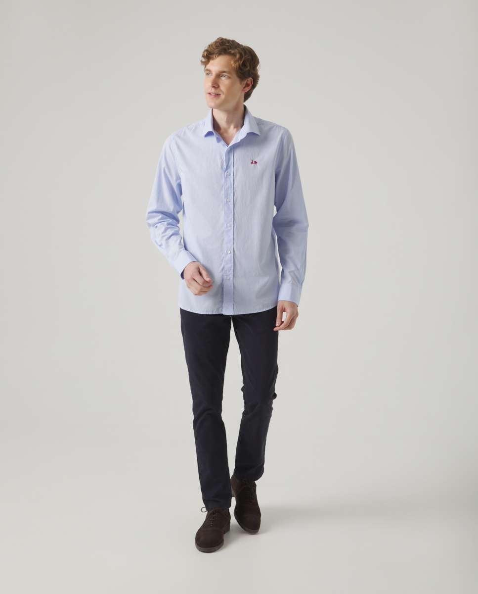 Camisa de Algodão com Corte Regular Aos Quadrados Celeste-4