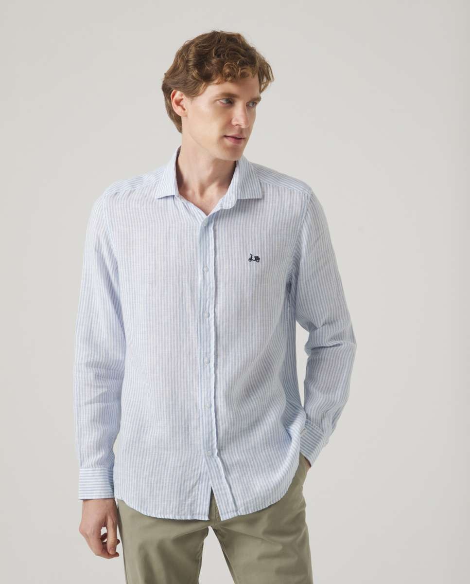 Camisa de Linho com Corte Regular Às Riscas em Celeste Celeste-1