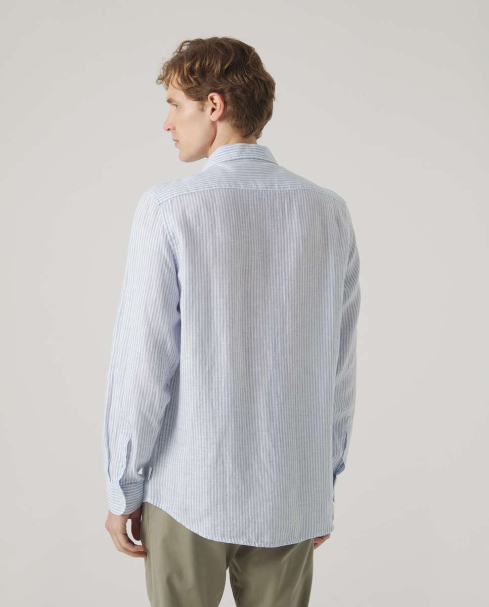 Camisa de Linho com Corte Regular Às Riscas em Celeste Celeste-2