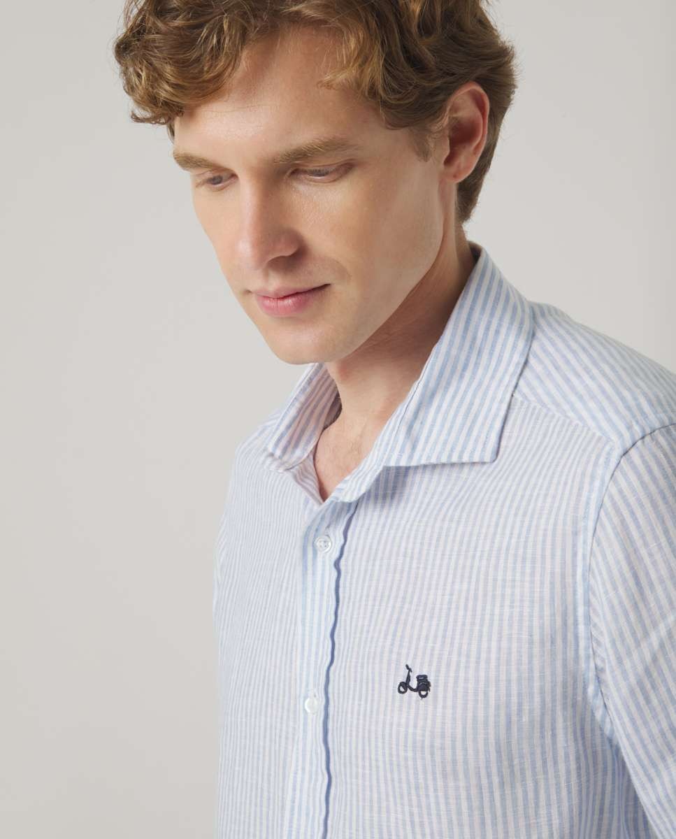 Camisa de Linho com Corte Regular Às Riscas em Celeste Celeste-3