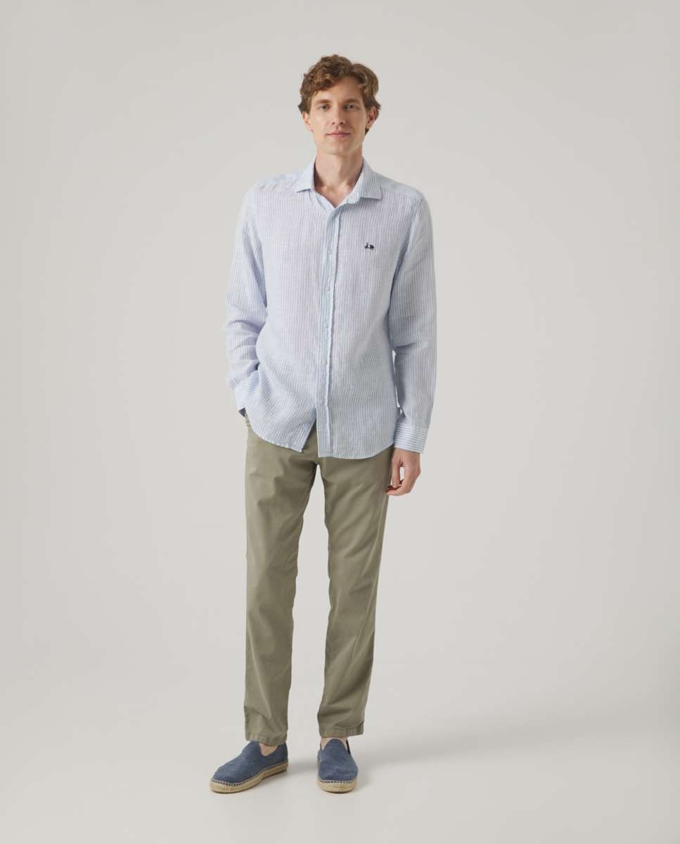 Camisa de Linho com Corte Regular Às Riscas em Celeste Celeste-4