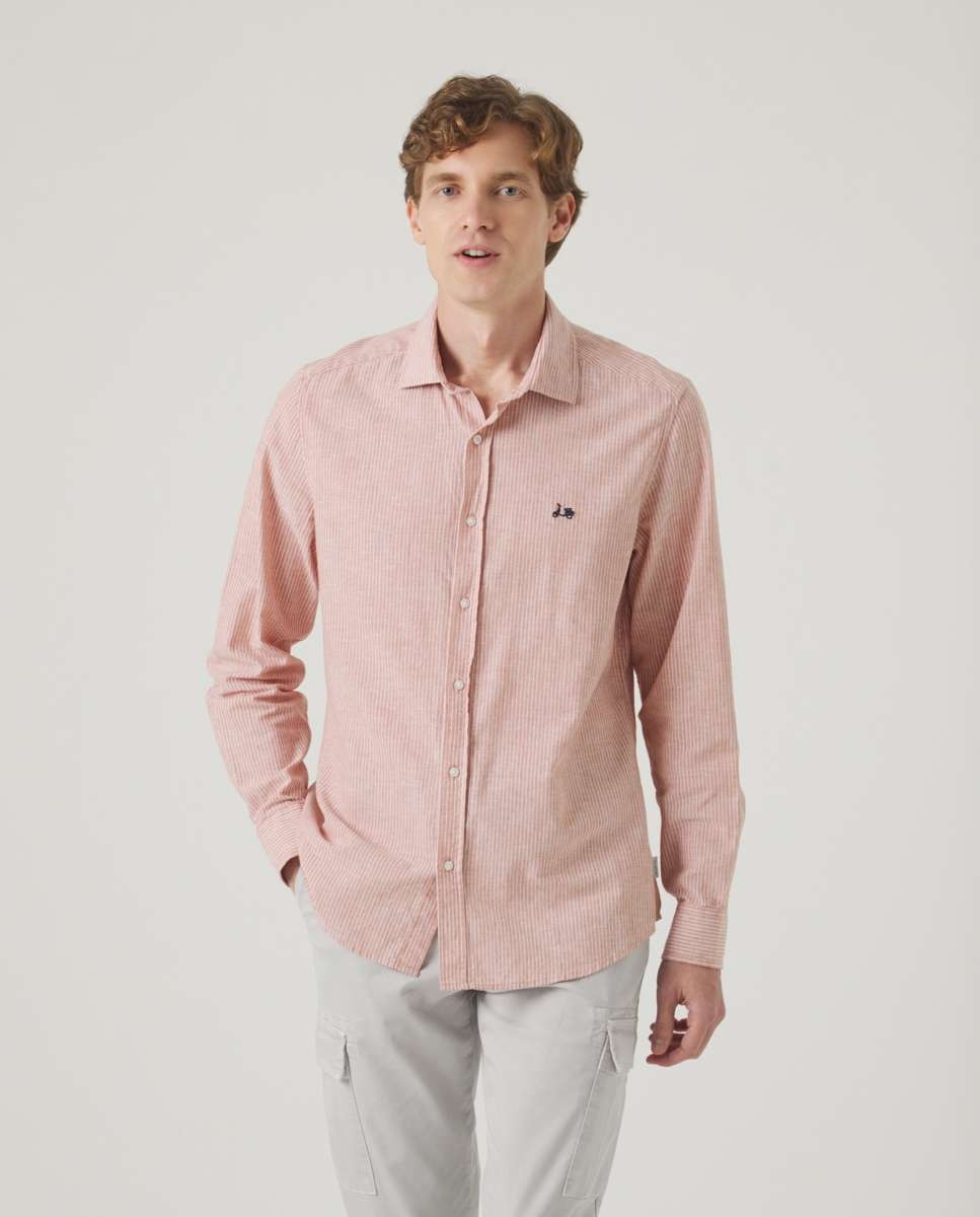 Camisa com Corte Regular Às Riscas Azul Laranja Telha Telha-1