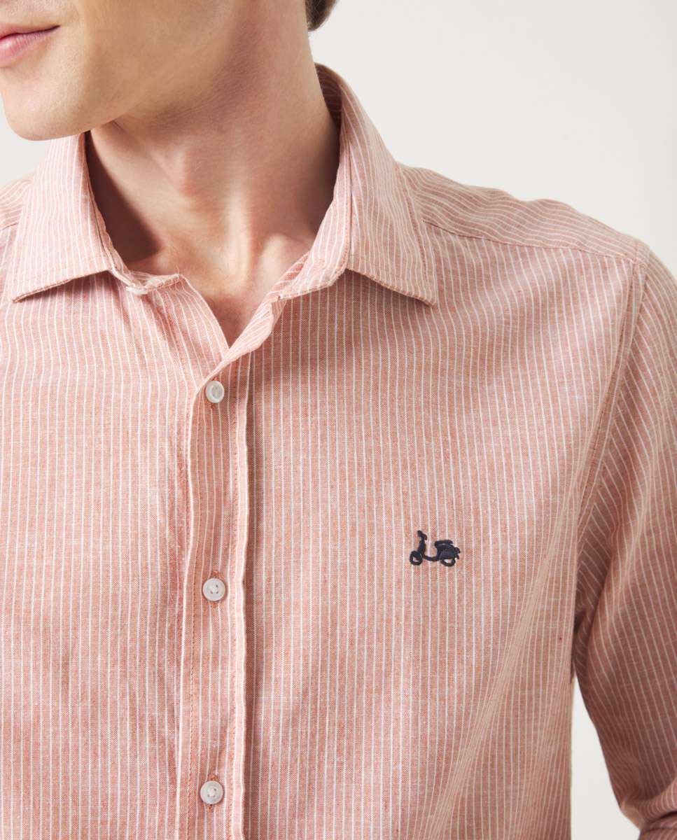 Camisa com Corte Regular Às Riscas Azul Laranja Telha Telha-3
