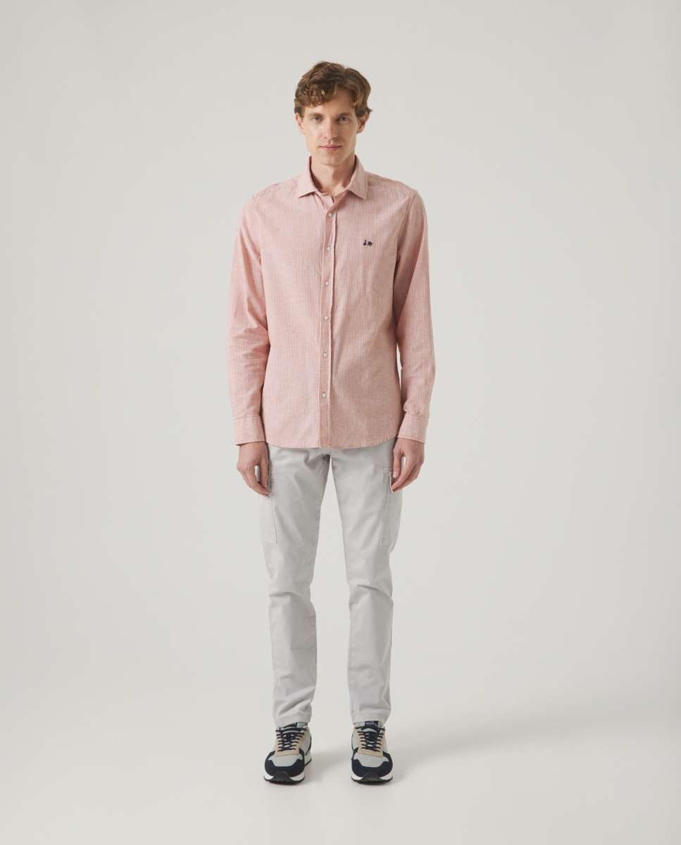 Camisa com Corte Regular Às Riscas Azul Laranja Telha Telha-4