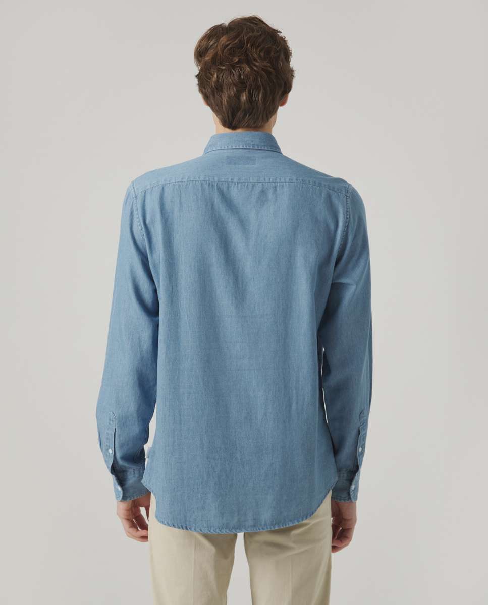 Camisa de Algodão com Corte Regular Lisa em Azul Denim Azul denim-2