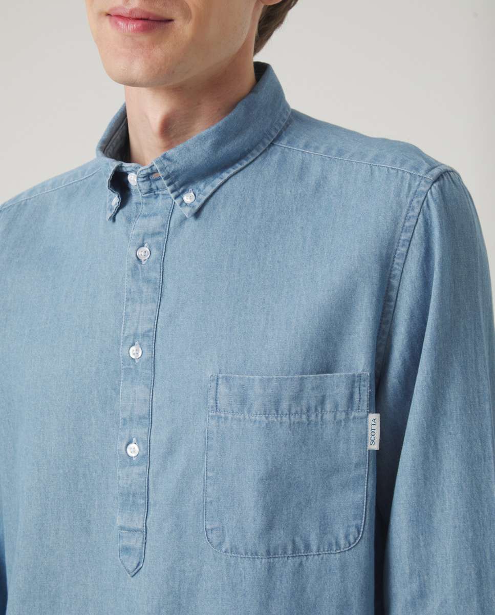 Camisa de Algodão com Corte Regular Lisa em Azul Denim Azul denim-3