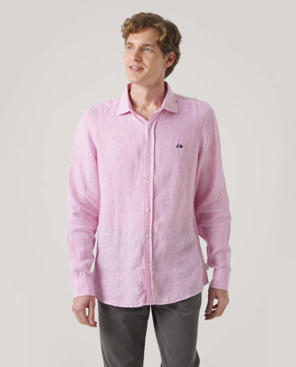 Camisa de Linho com Corte Regular Às Riscas em Rosa Rosa-1