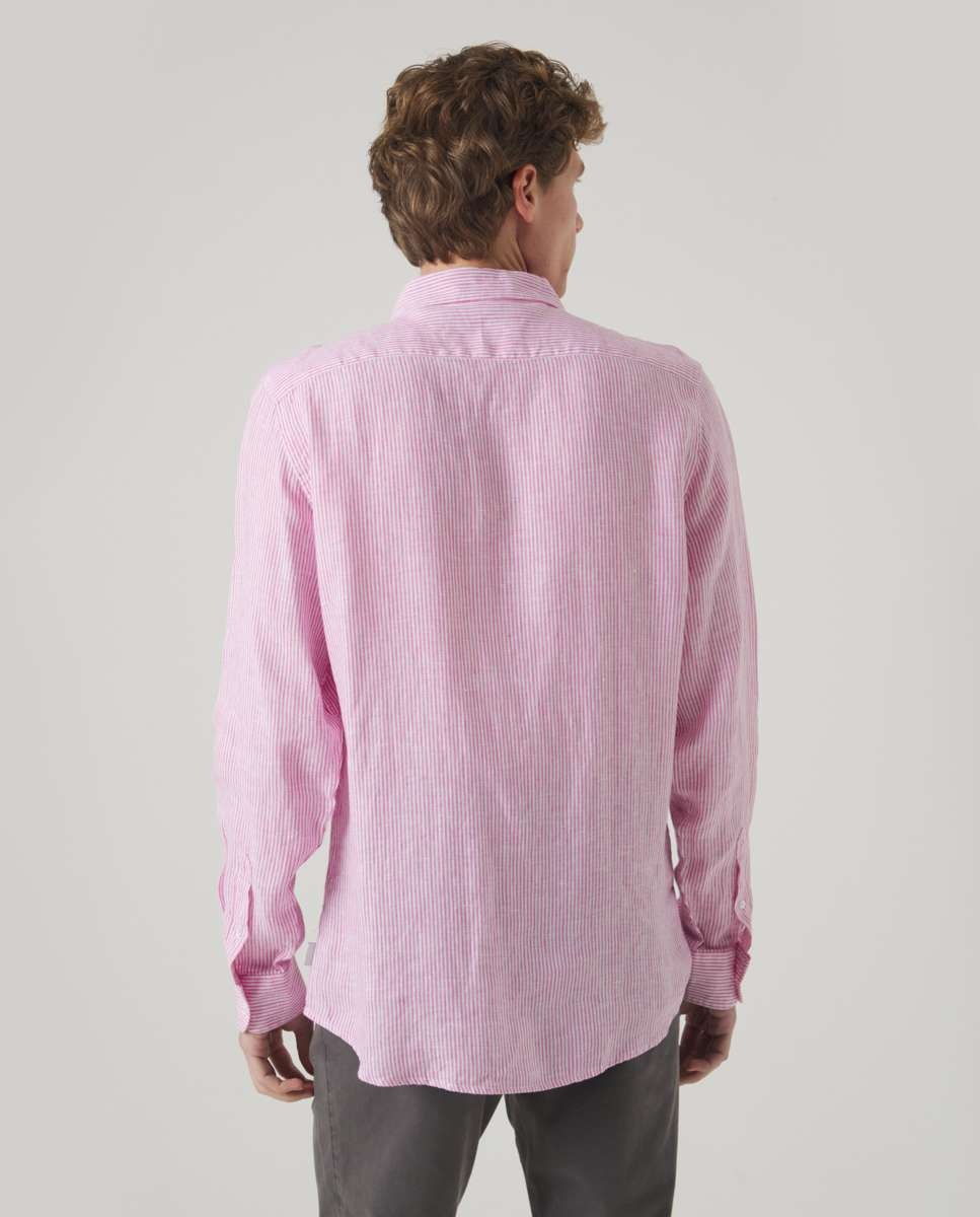 Camisa de Linho com Corte Regular Às Riscas em Rosa Rosa-2