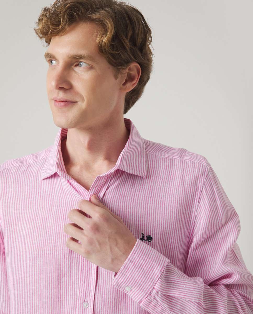 Camisa de Linho com Corte Regular Às Riscas em Rosa Rosa-3
