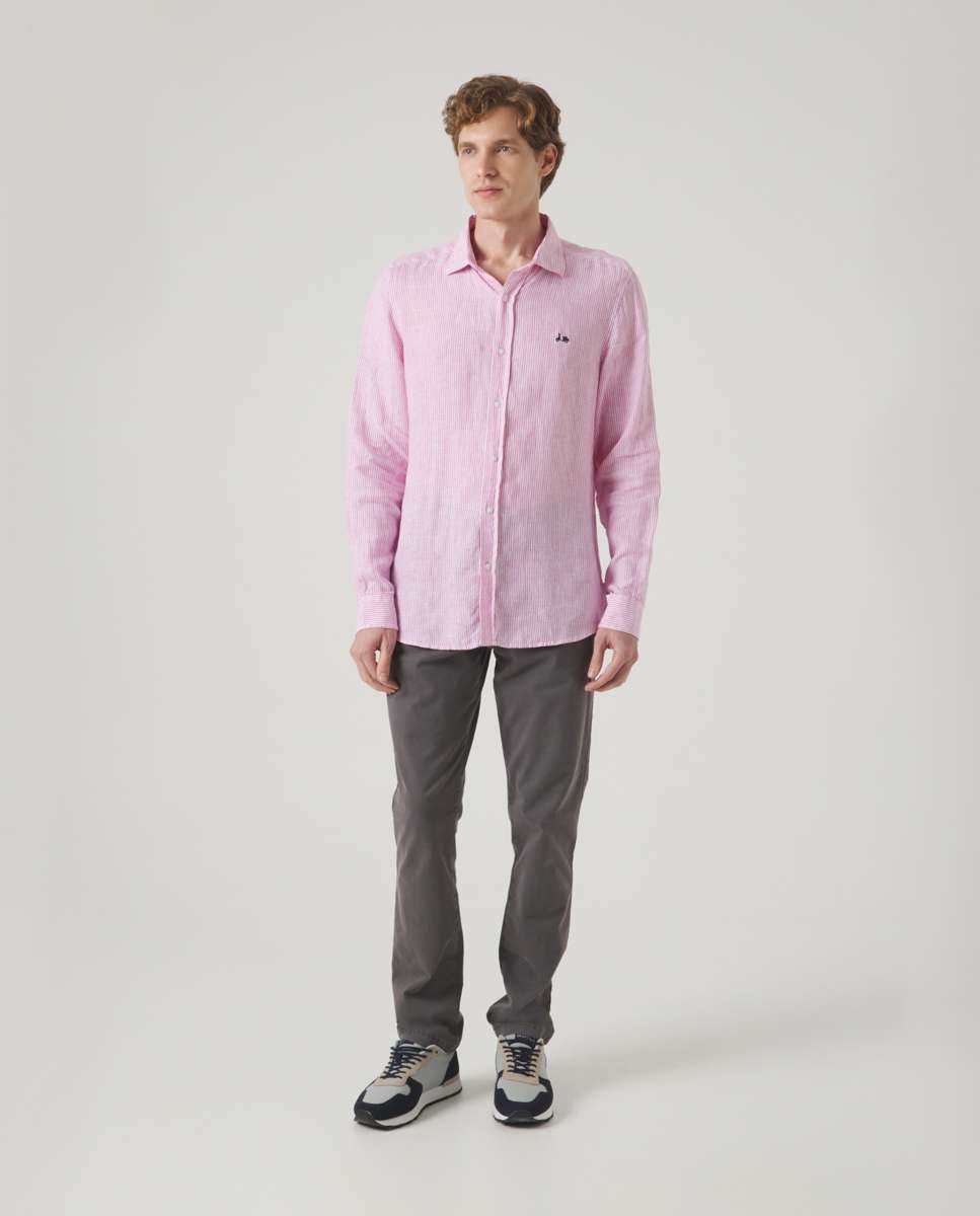 Camisa de Linho com Corte Regular Às Riscas em Rosa Rosa-4