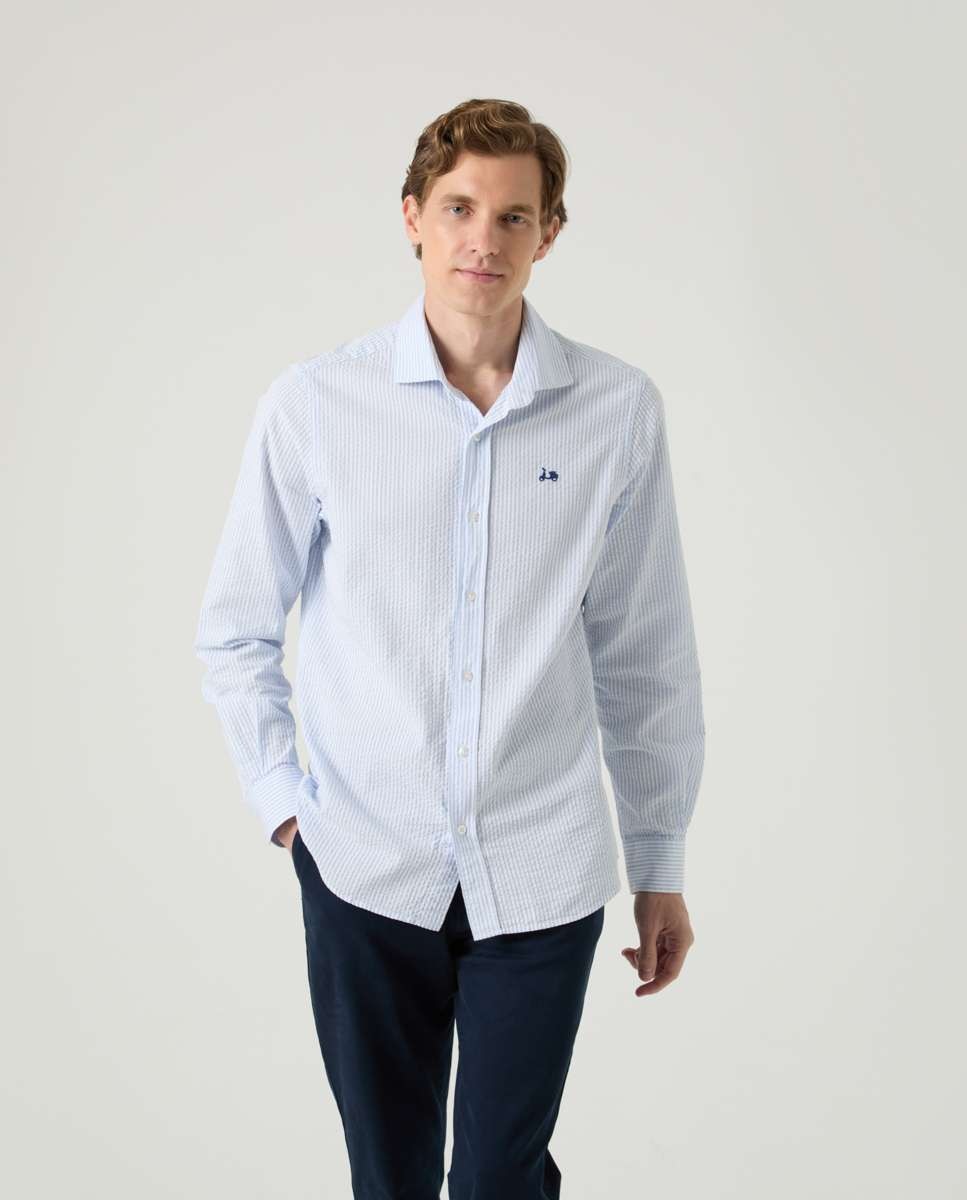 Imagem 0 de Camisa de Algodão com Corte Regular Às Riscas em Azul Celeste