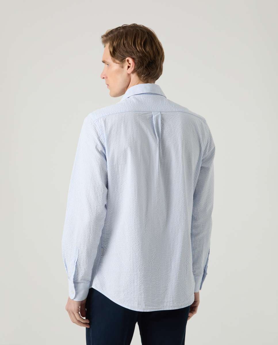 Camisa de Algodão com Corte Regular Às Riscas em Azul Celeste Celeste-2