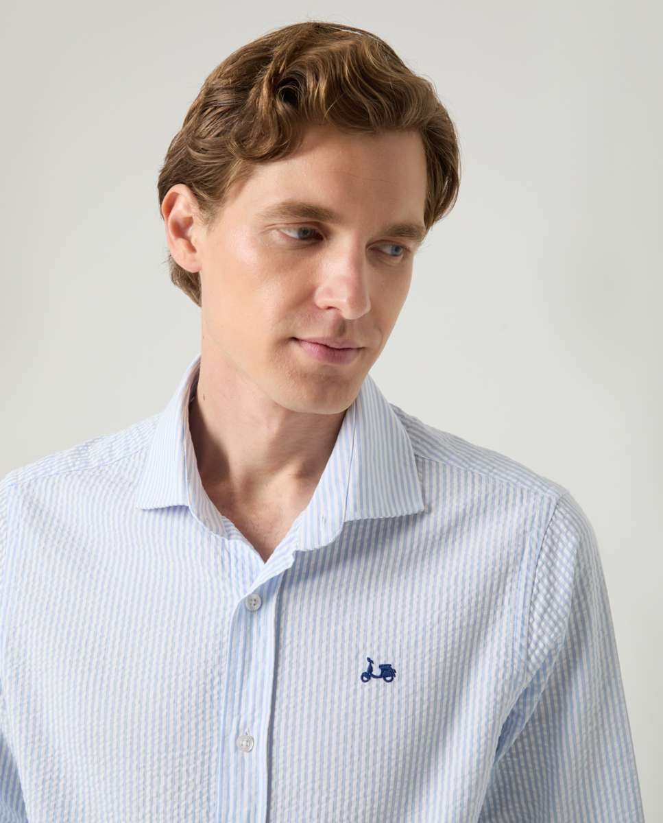 Camisa de Algodão com Corte Regular Às Riscas em Azul Celeste Celeste-3