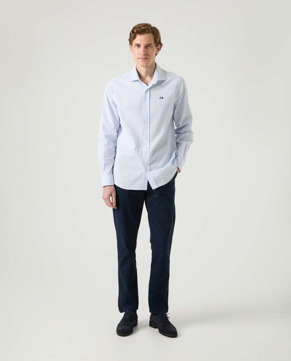 Camisa de Algodão com Corte Regular Às Riscas em Azul Celeste Celeste-4