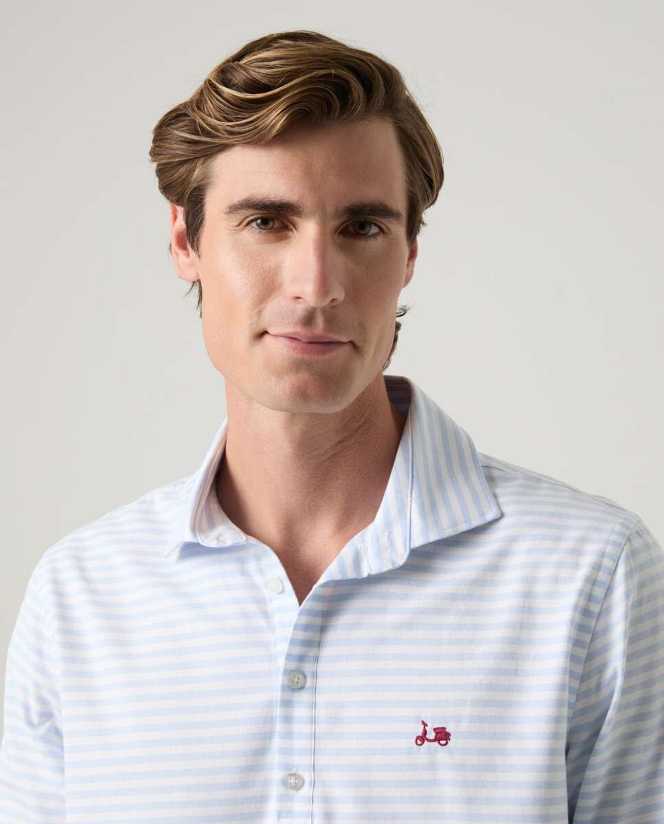 Camisa de Algodão com Corte Regular Às Riscas em Azul Celeste Celeste-3
