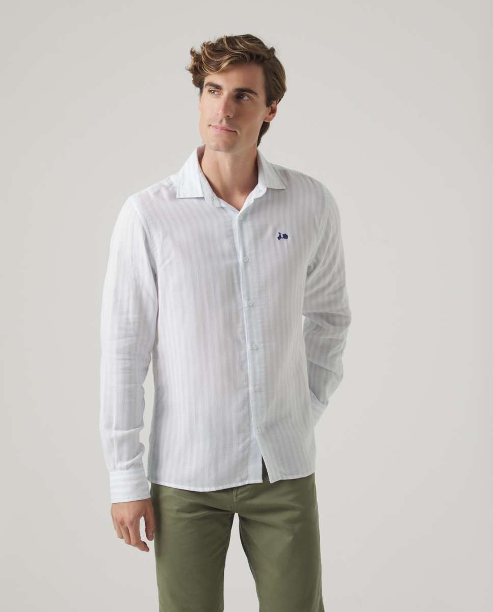 Imagem 0 de Camisa de Algodão com Corte Regular Às Riscas em Celeste