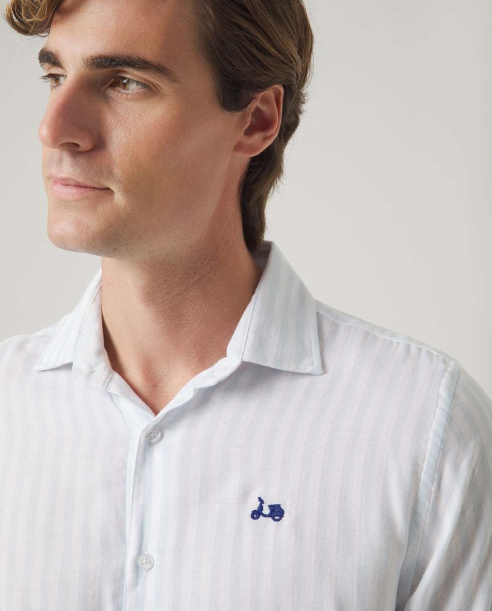 Camisa de Algodão com Corte Regular Às Riscas em Celeste Celeste-3