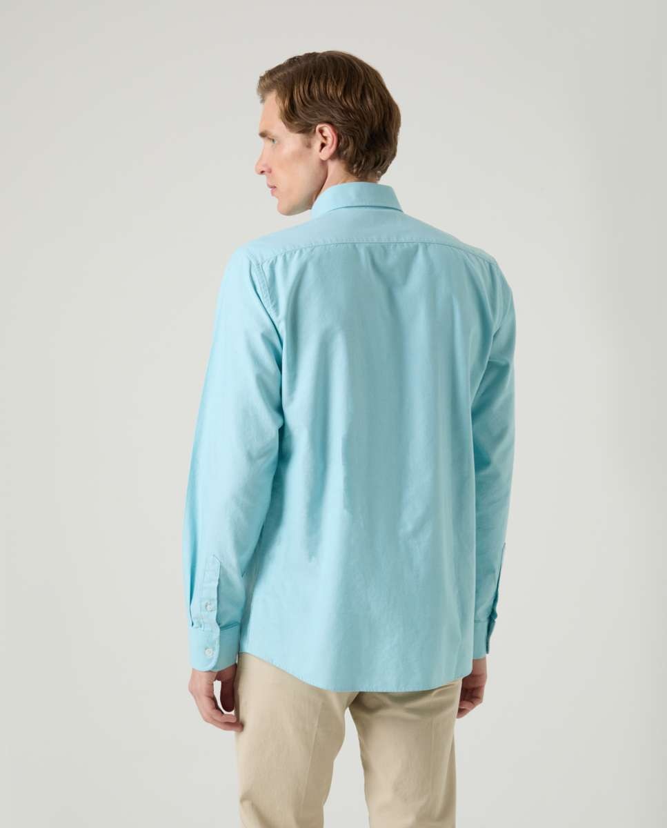 Camisa de Algodão com Corte Regular Lisa Azul-turquesa-2