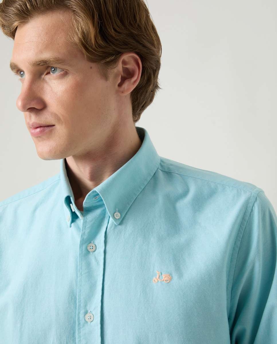Camisa de Algodão com Corte Regular Lisa Azul-turquesa-3