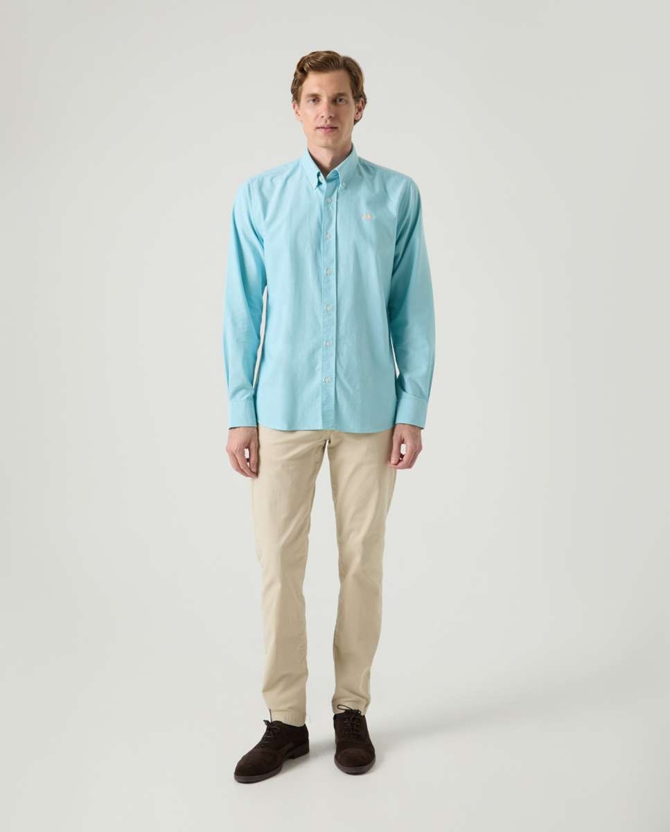 Camisa de Algodão com Corte Regular Lisa Azul-turquesa-4