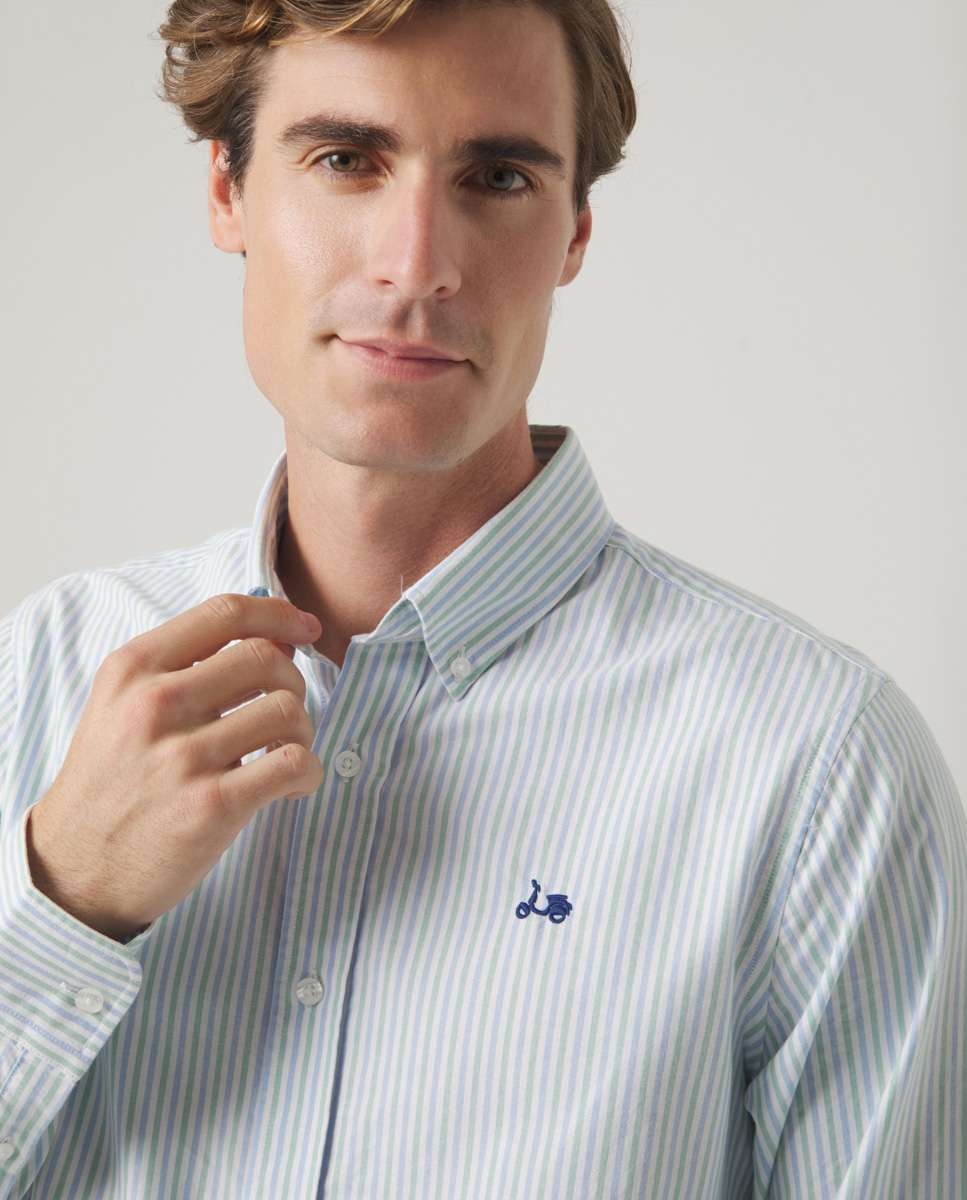 Camisa de Algodão com Corte Regular Às Riscas Verde-4