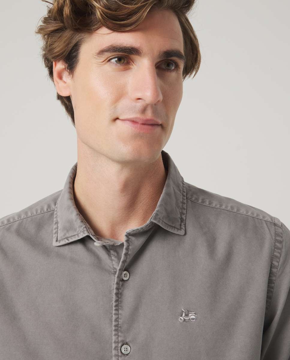 Camisa de Algodão com Corte Regular Lisa Cinzento-3