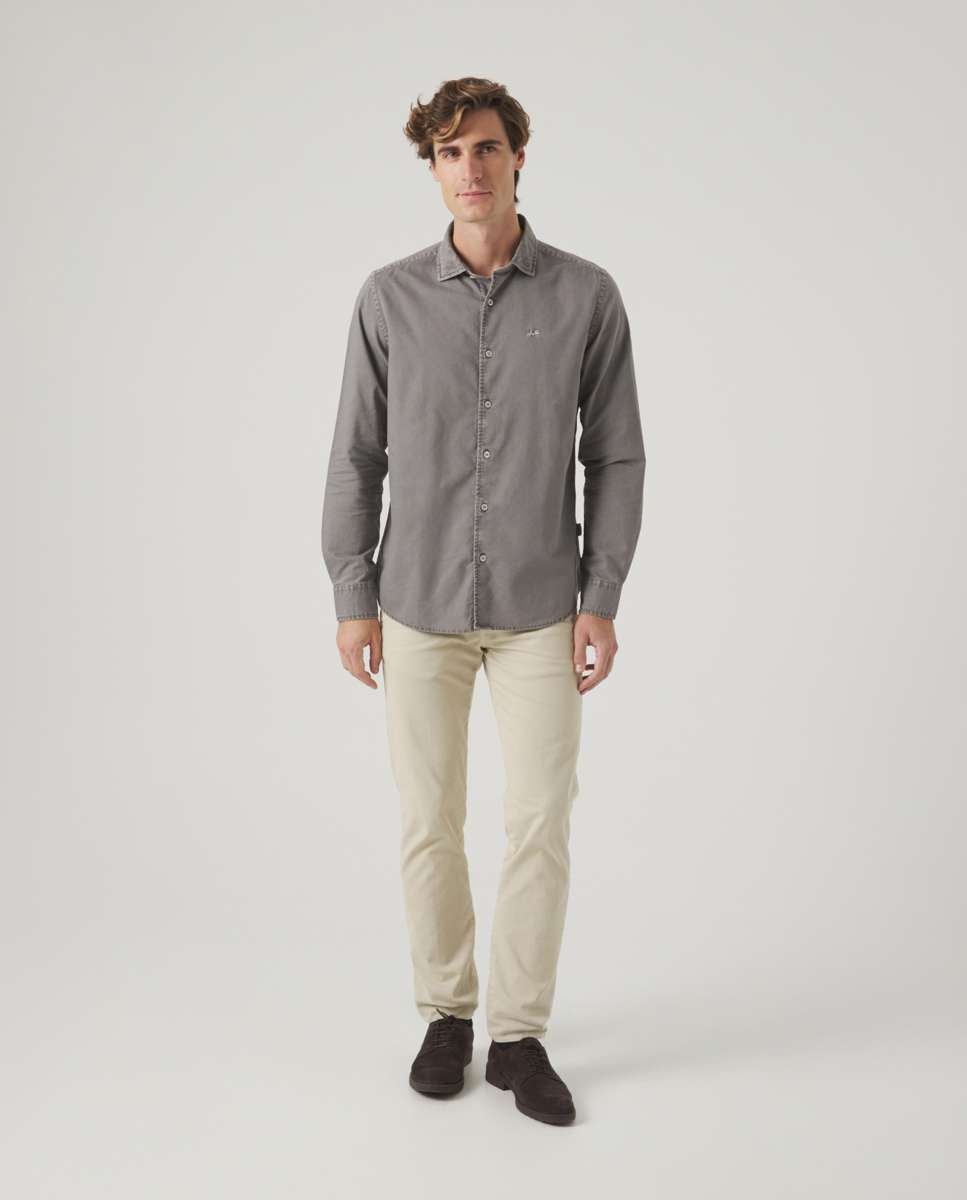 Camisa de Algodão com Corte Regular Lisa Cinzento-4