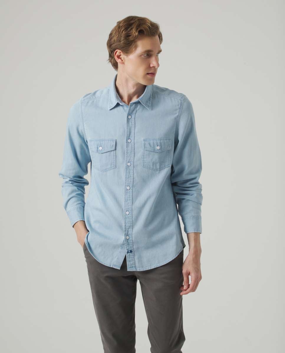 Camisa de Algodão com Corte Regular Lisa em Azul Índigo Índigo-1