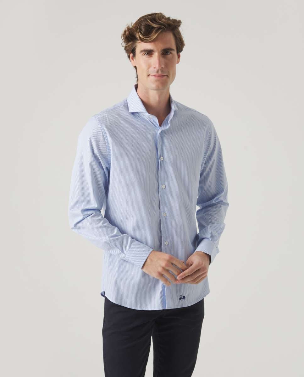 Camisa de Algodão Corte Regular Às Riscas em Azul Azul-1