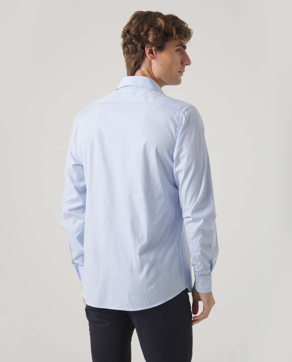 Camisa de Algodão Corte Regular Às Riscas em Azul Azul-2