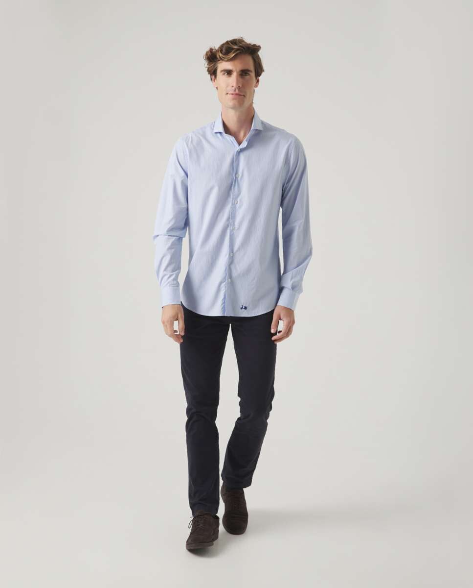 Camisa de Algodão Corte Regular Às Riscas em Azul Azul-4