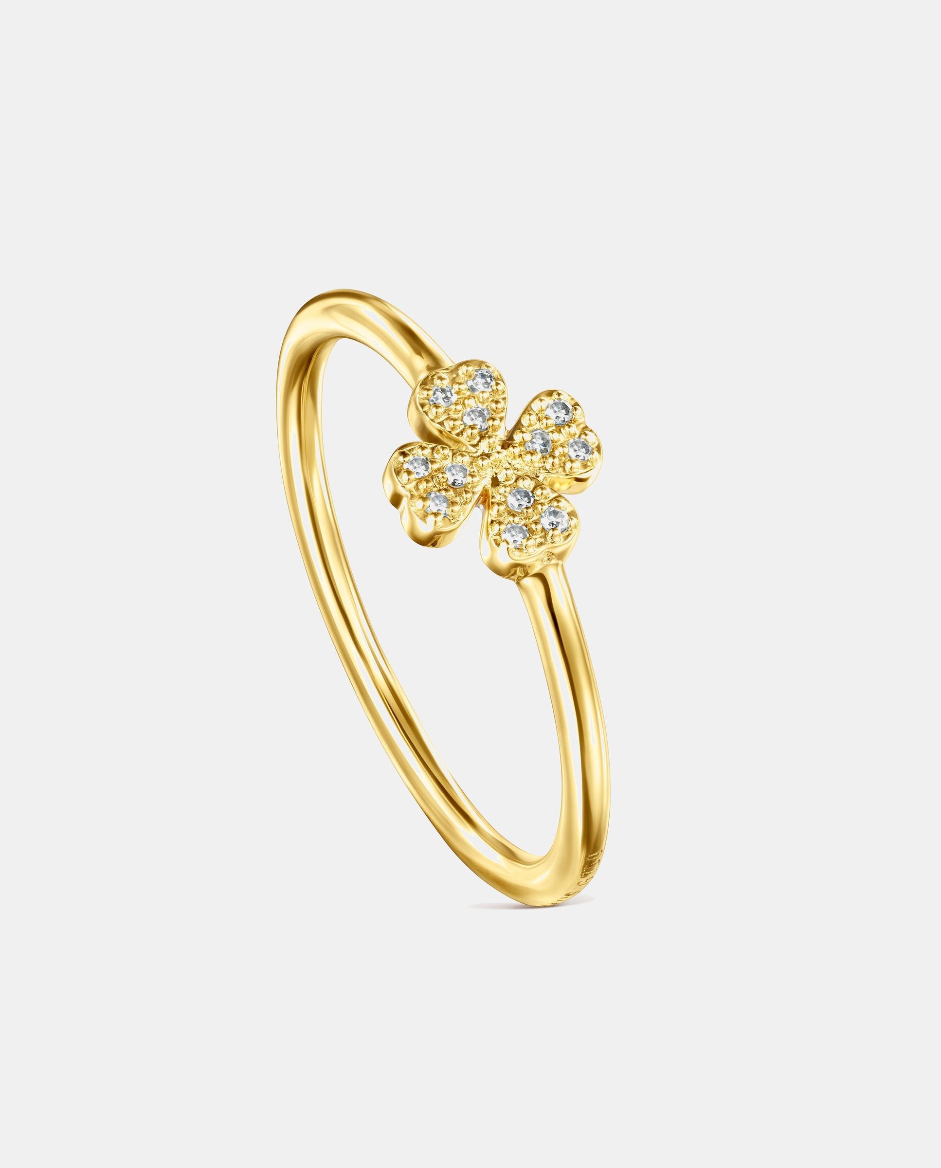 Anel de Ouro Amarelo com Diamantes Stay Lucky Trevo de Quatro Folhas Dourado-1