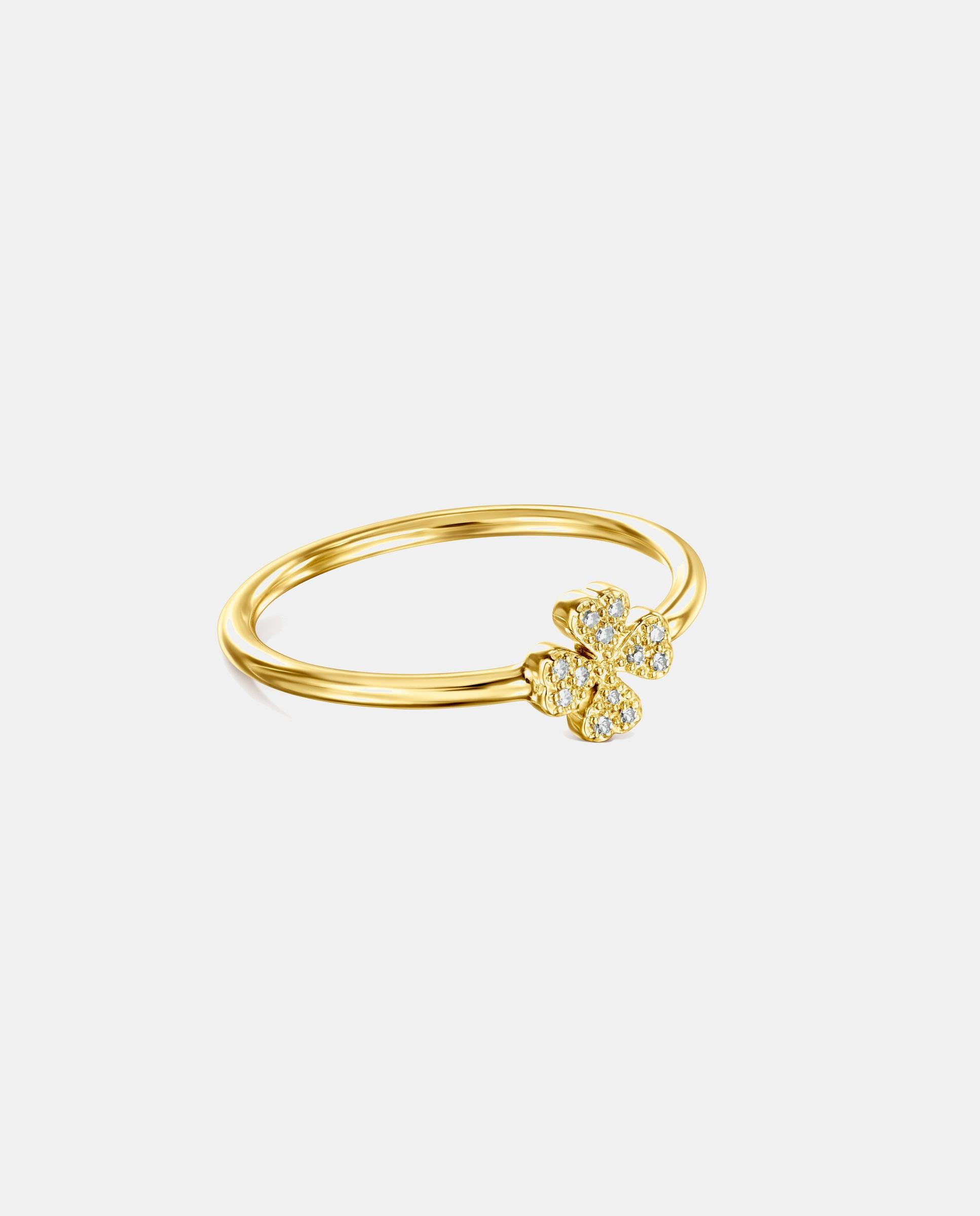 Anel de Ouro Amarelo com Diamantes Stay Lucky Trevo de Quatro Folhas Dourado-2
