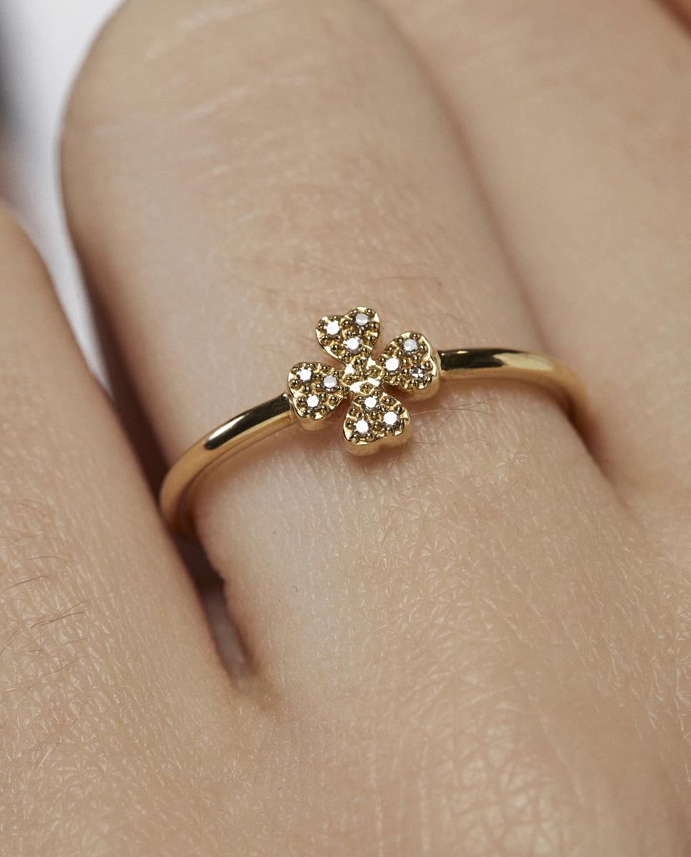 Anel de Ouro Amarelo com Diamantes Stay Lucky Trevo de Quatro Folhas Dourado-4
