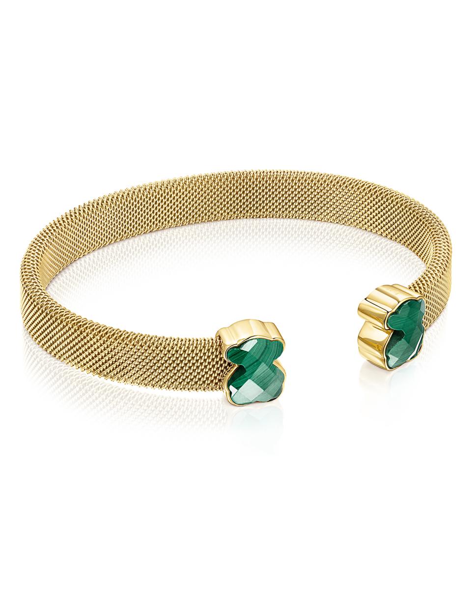 Pulseira Rígida Mesh em Cor de Aço Ip Dourado com Dois Ursos de Malaquita Verde-1