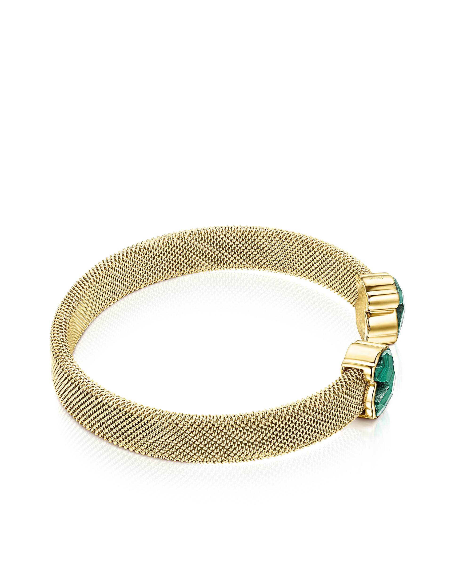 Pulseira Rígida Mesh em Cor de Aço Ip Dourado com Dois Ursos de Malaquita Verde-2