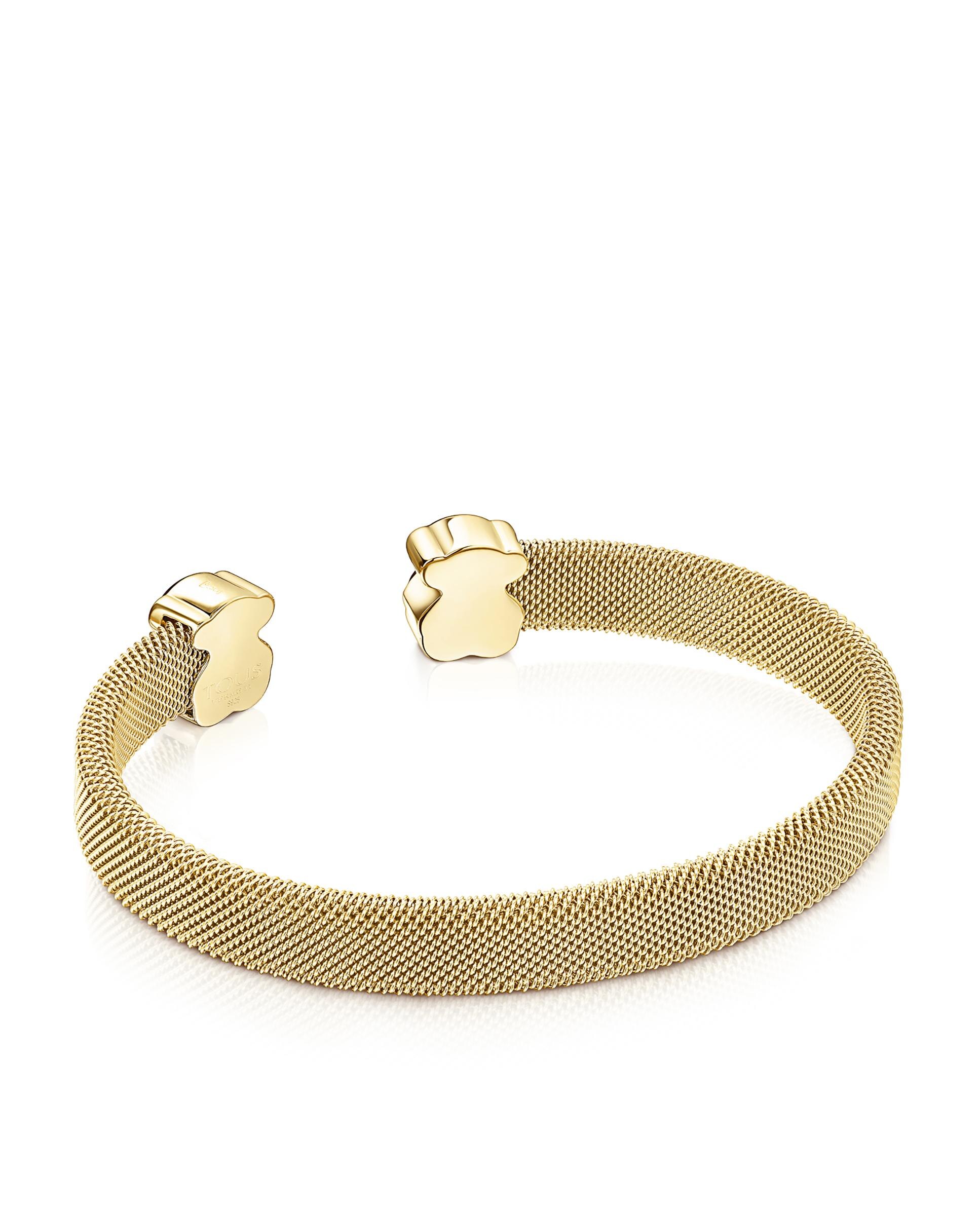 Pulseira Rígida Mesh em Cor de Aço Ip Dourado com Dois Ursos de Malaquita Verde-3