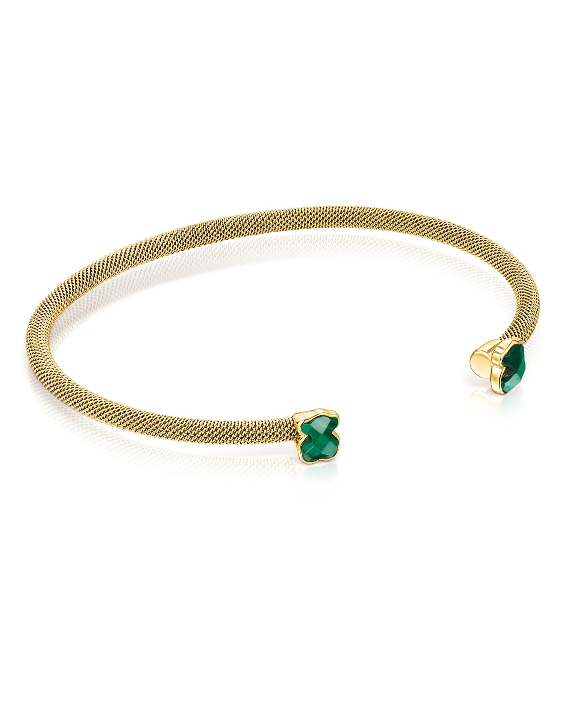 Pulseira Mesh Color de Aço Dourado e Ursos de Malaquite Verde-1