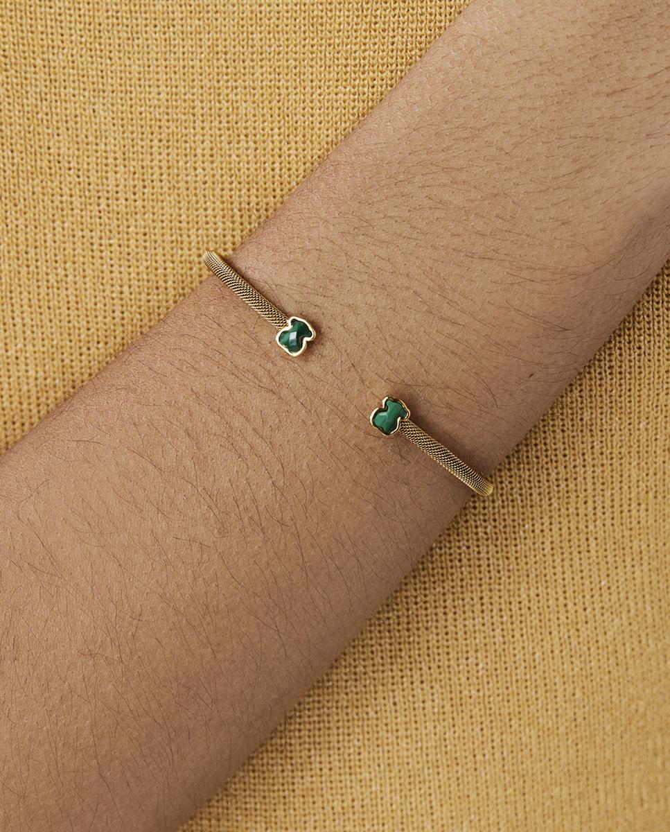 Pulseira Mesh Color de Aço Dourado e Ursos de Malaquite Verde-5