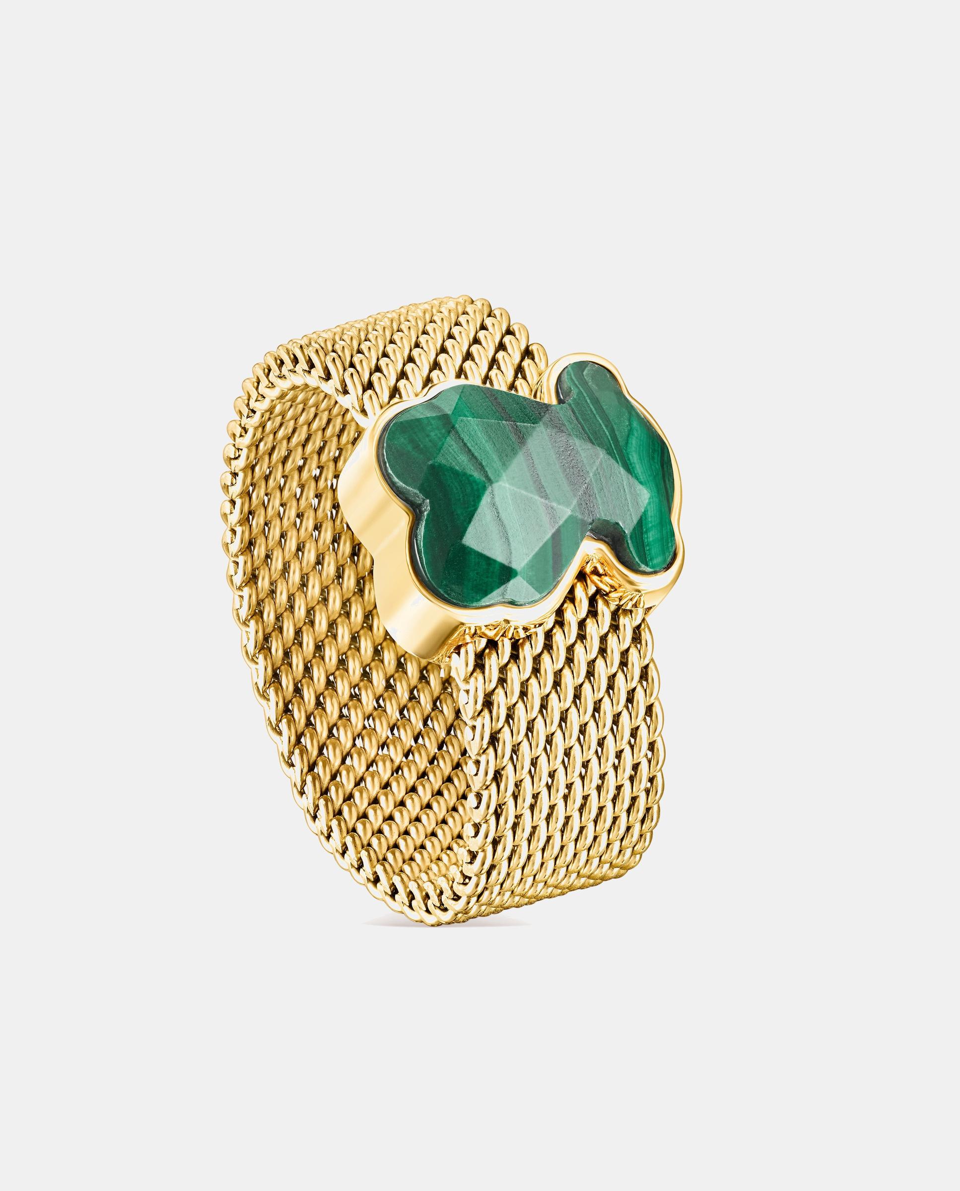 Anel de Aço Dourado e Malaquita Facetada Mesh Color Motivo Urso Verde-escuro-1