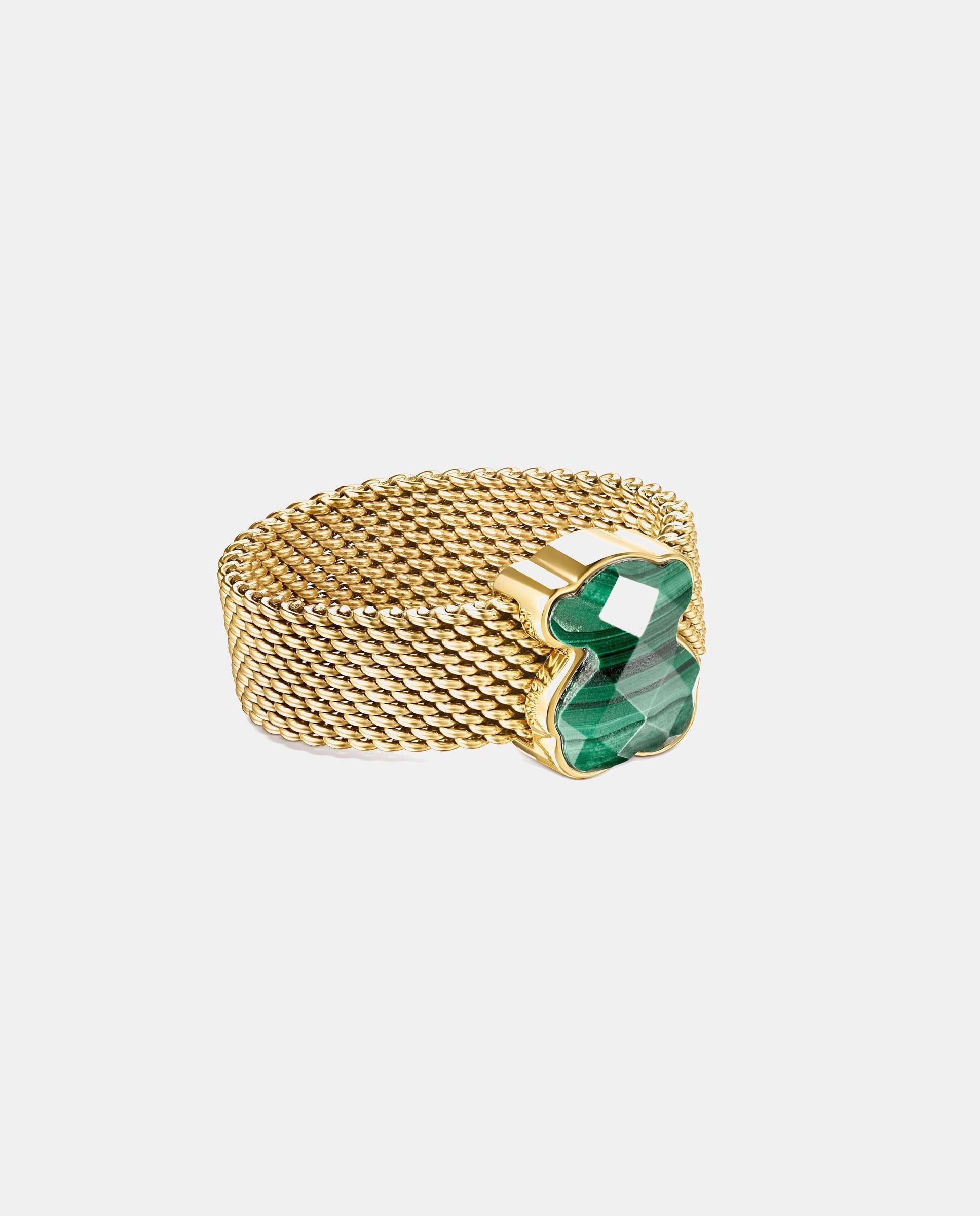Anel de Aço Dourado e Malaquita Facetada Mesh Color Motivo Urso Verde-escuro-2