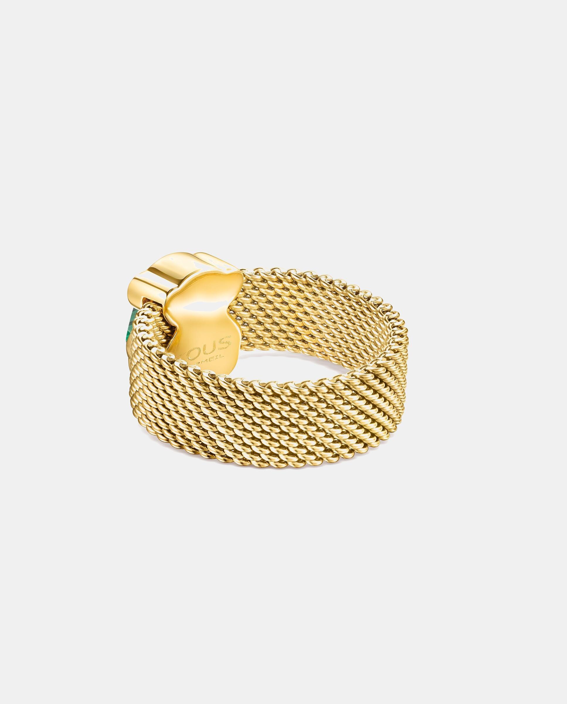 Anel de Aço Dourado e Malaquita Facetada Mesh Color Motivo Urso Verde-escuro-3
