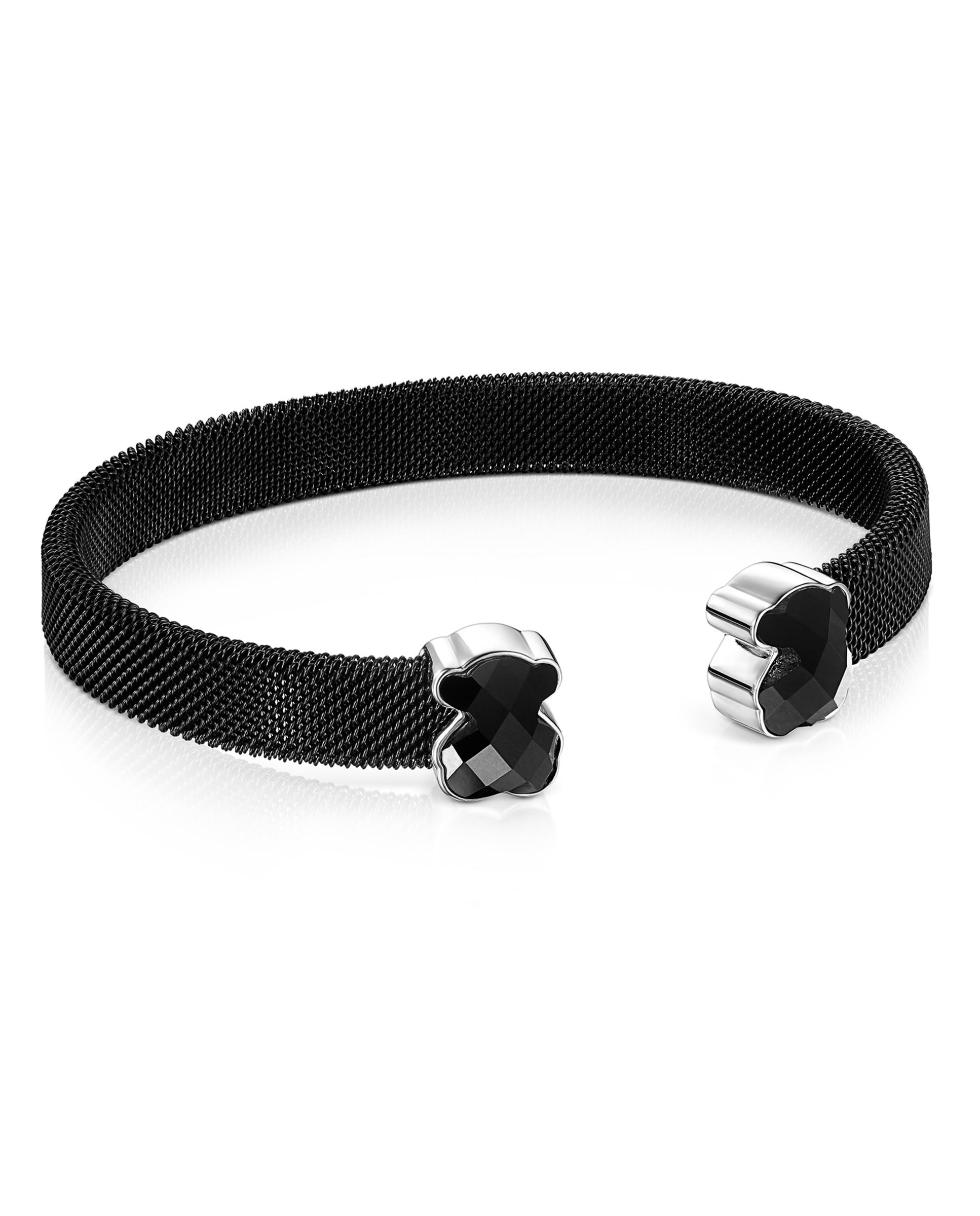 Pulseira Rígida Mesh em Aço Ip Preto com Dois Ursos em Preto Preto-1