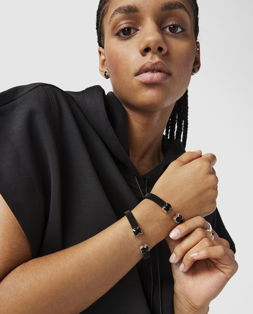 Pulseira Rígida Mesh em Aço Ip Preto com Dois Ursos em Preto Preto-4