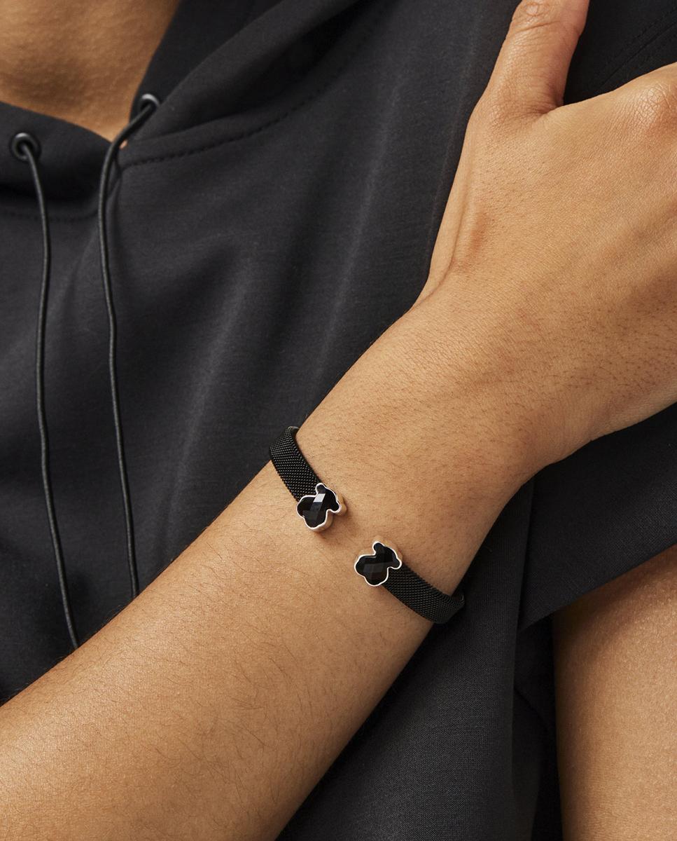 Pulseira Rígida Mesh em Aço Ip Preto com Dois Ursos em Preto Preto-5